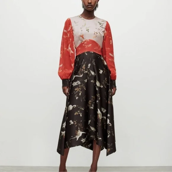 AllSaints Norah Fabia Long Sleeve Handkerchief Hem Midi Dress - Picture 2 of 9